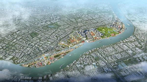 Phối cảnh khu vực này khi điều chỉnh quy hoạch phân khu. Hiện trạng chủ yếu là đất cảng, kho bãi, bãi đậu xe và một phần dân cư hiện hữu, đề xuất thành khu giáo dục và đào tạo chất lượng cao và dịch vụ xanh.