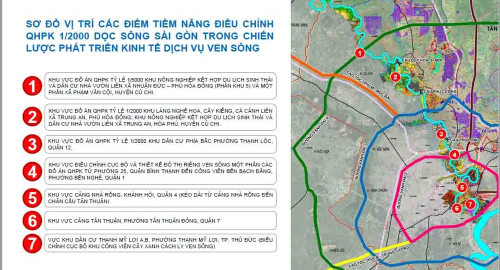 Theo đó, Sở QH-KT TP đề xuất 7 khu vực có tiềm năng khai thác và phát triển kinh tế dọc hai bên bờ sông Sài Gòn có tổng quy mô 2.289 ha.