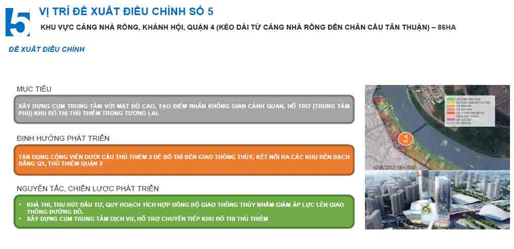 Hiện trạng là đất cảng và công ty dịch vụ cảng được đề xuất tận dụng công viên dưới chân cầu Thủ Thiêm 3 để bố trí bến giao thông thủy ra bến Bạch Đằng và khu Thủ Thiêm.