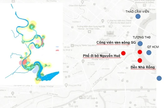 Chủ đề về không gian văn hóa Hồ Chí Minh gắn với cảnh quan dọc bờ sông Sài Gòn do Sở QH-KT TP.HCM chia sẻ trên trang web của sở cho thấy phía bờ sông Sài Gòn trung tâm TP có cảnh quan quan trọng là phố đi bộ Nguyễn Huệ, bến Nhà Rồng, tượng đài Đức thánh Trần Hưng Đạo, phía Thủ Thiêm đối diện có công viên ven sông Sài Gòn và quảng trường Hồ Chí Minh.