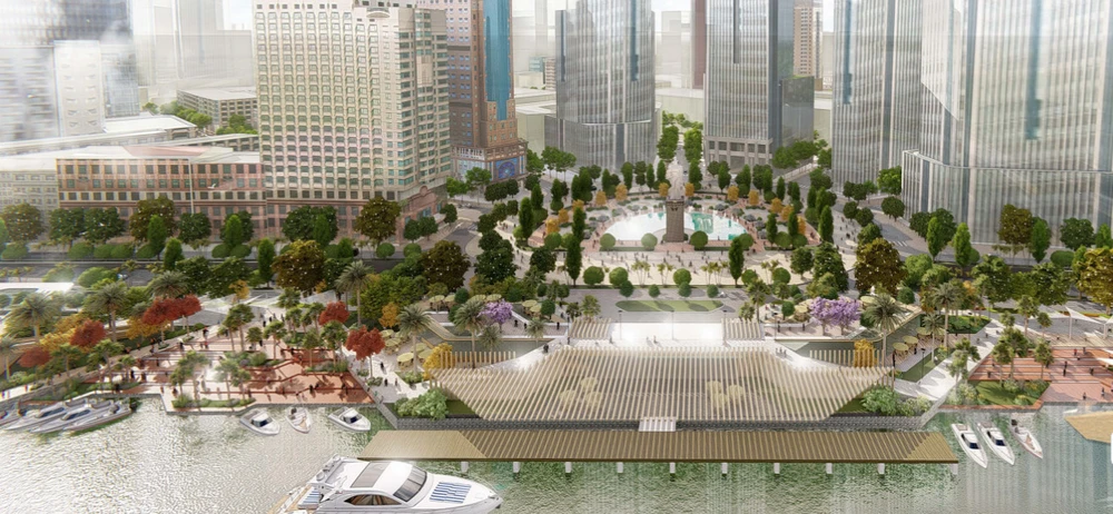 Phối cảnh ý tưởng (chưa chính thức) tương lai khu vực tượng Đức thánh Trần Hưng Đạo của một đơn vị quy hoạch.