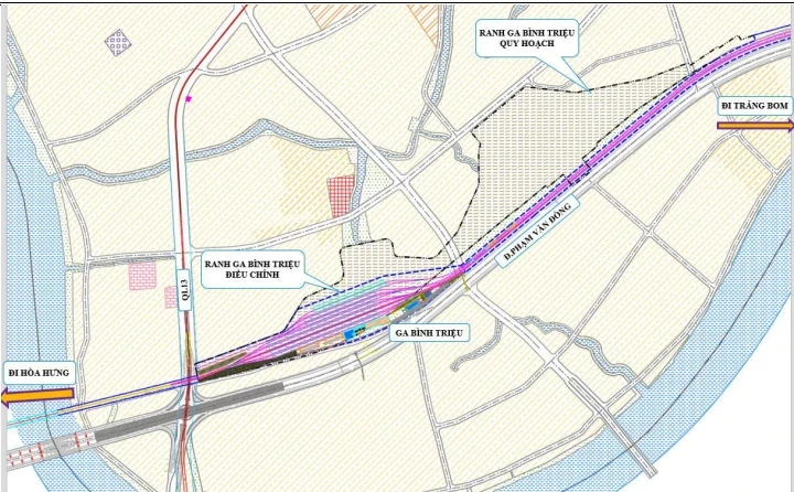 Ranh ga Bình Triệu quy hoạch cũ lên đến 41 ha, ranh ga Bình Triệu điều chỉnh theo đề xuất liên danh tư vấn còn 15 ha. Ảnh: liên danh tư vấn.