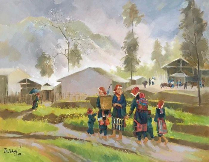 Tác phẩm "Theo mẹ xuống chợ" - chất liệu sơn dầu - họa sĩ Trịnh Nam Tác phẩm "Theo mẹ xuống chợ" - chất liệu sơn dầu - họa sĩ Trịnh Nam