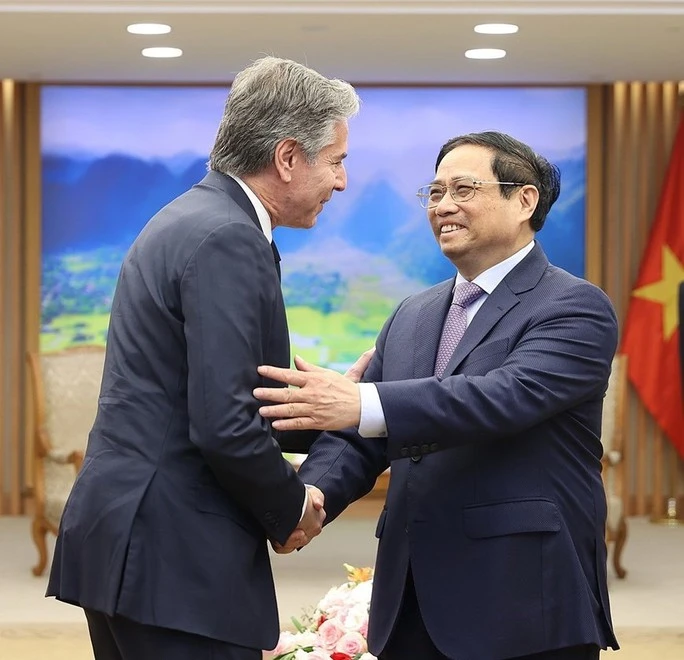 Thủ tướng Phạm Minh Chính tiếp Bộ trưởng Ngoại giao Mỹ Antony Blinken. Ảnh: TTXVN
