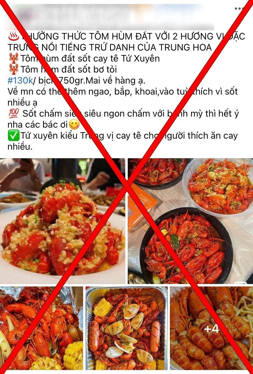 Không chỉ rao bán tôm hùm đất tươi sống và xông nhiệt, tôm hùm đất đóng hộp chế biến sẵn cũng được rao bán tràn lan. Ảnh: PV