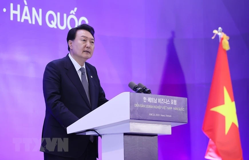 Tổng thống Yoon Suk Yeol cũng cho biết Hàn Quốc sẽ hỗ trợ Việt Nam phát triển hạ tầng công nghệ thông tin, khoa học công nghệ, đòi hỏi những động thái, chiến lược hết sức cụ thể. Ảnh: Dương Giang/TTXVN