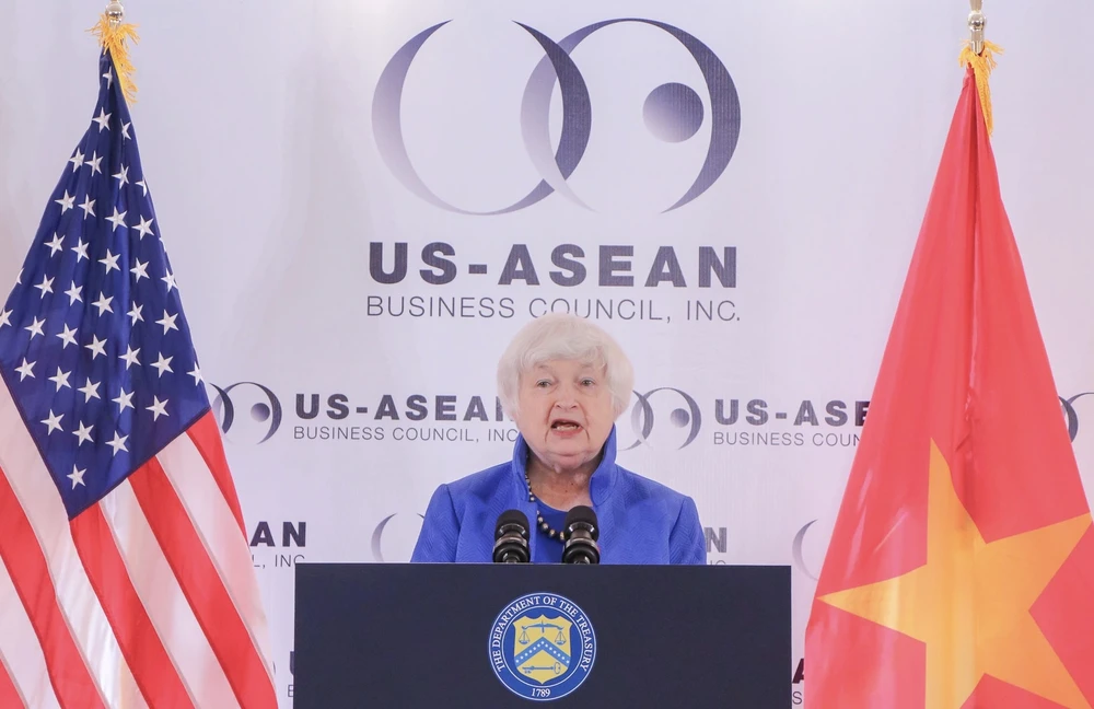 Bộ trưởng Tài chính Mỹ Janet Yellen tại buổi gặp gỡ báo chí hôm nay. Ảnh: M.T
