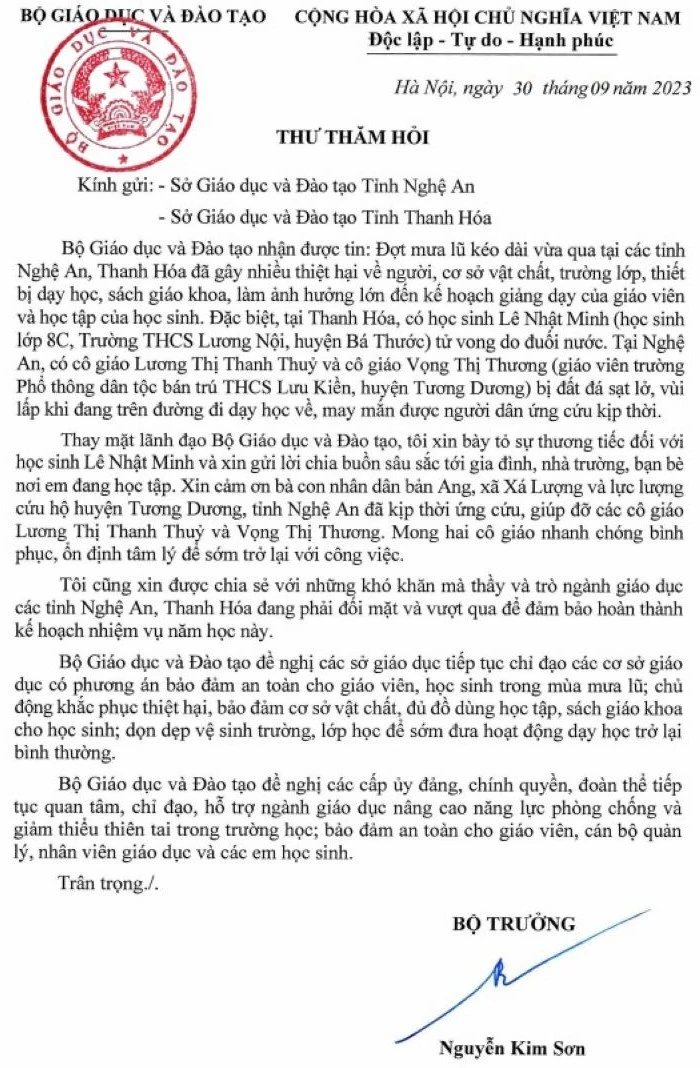 Bộ trưởng Nguyễn Kim Sơn gửi thư thăm hỏi thầy, trò bị ảnh hưởng bởi mưa lũ.jpeg