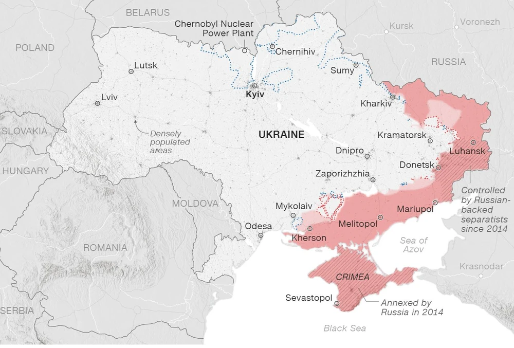 Chiến sự căng thẳng ở đông và nam Ukraine. (Vùng tô màu đỏ được cho là Nga kiểm soát cập nhật ngày 14-4). Ảnh: CNN