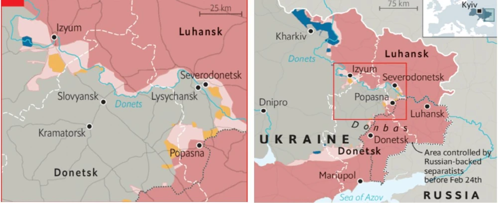 Nga muốn tạo thế "gọng kìm" ở quanh TP Sieverodonetsk (Severodonetsk) để kiểm soát hết vùng Donbass. Ảnh: THE ECONOMIST Nga muốn tạo thế "gọng kìm" ở quanh TP Sieverodonetsk (Severodonetsk) để kiểm soát hết vùng Donbass. Ảnh: THE ECONOMIST