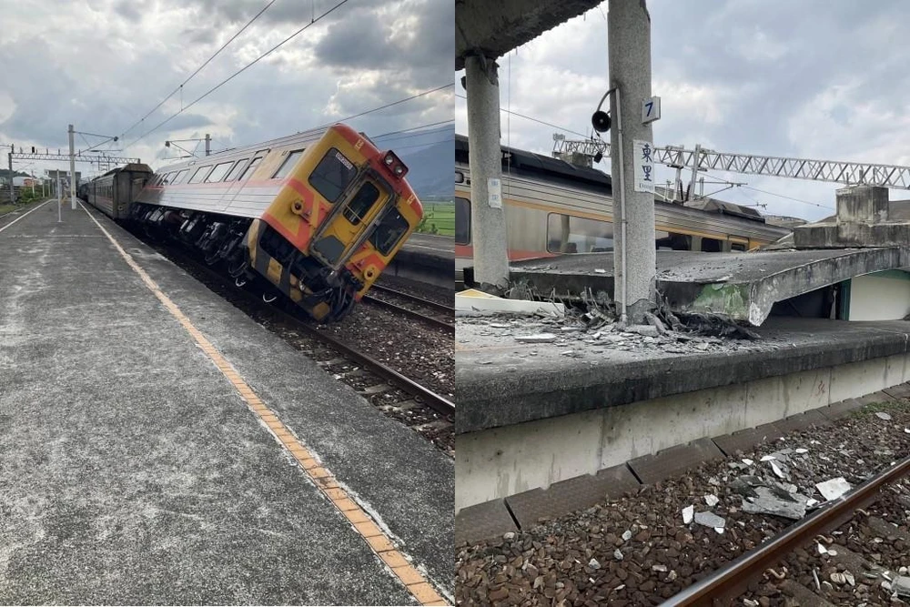 Tàu bị trật bánh (trái) và mái của ga tàu Trung Lịch đổ sập sau trận động đất. Ảnh: CNA