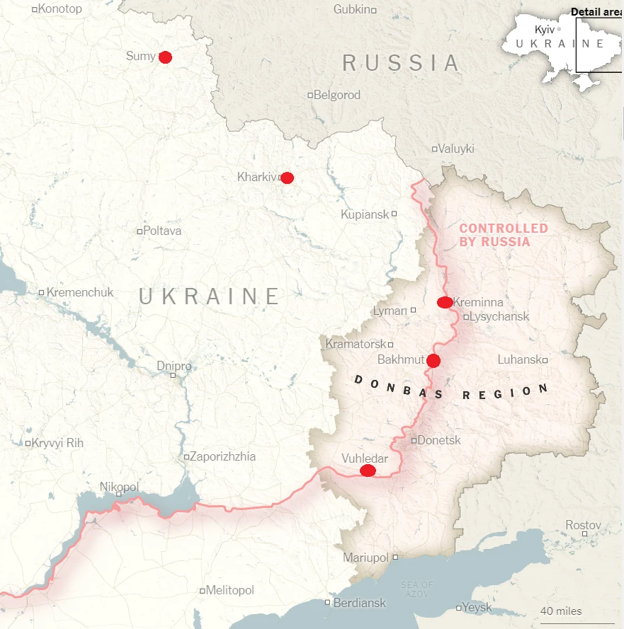 Những địa điểm mà Nga có thể tấn công mạnh trong thời gian tới (chấm đỏ). Ảnh: THE NEW YORK TIMES