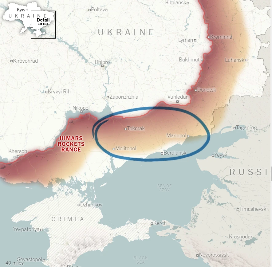 Mặt trận phía nam là nơi Ukraine có thể tấn công. (Phần màu đỏ là những khu vực nằm trong tầm bắn của HIMARS). Ảnh: THE NEW YORK TIMES
