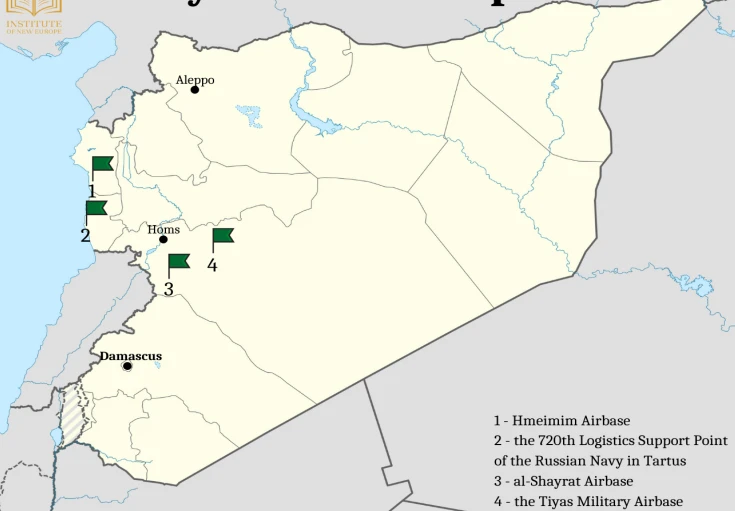 Các căn cứ quân sự Nga và các căn cứ Syria mà Nga thỉnh thoảng sử dụng tại Syria. Ảnh: Institute of New Europe