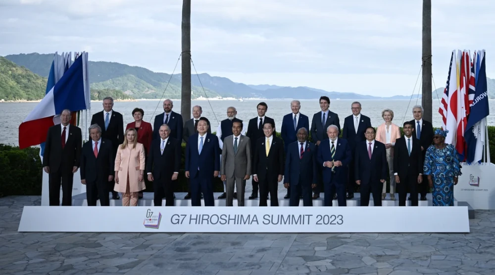 Lãnh đạo các nước G7 và một số lãnh đạo các quốc gia khác được mời tham dự Hội nghị thượng đỉnh G7 tại Hiroshima, Nhật Bản vào ngày 20-5. Ảnh:REUTERS