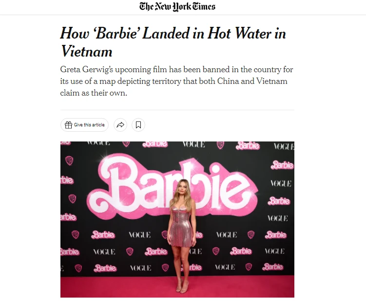 Tờ The New York Times đăng tải thông tin phim "Barbie" bị cấm tại Việt Nam. Ảnh chụp màn hình
