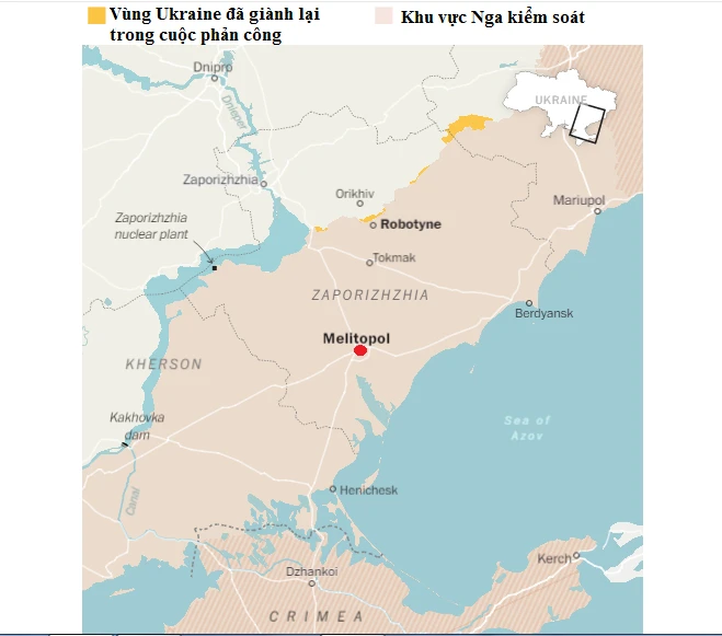 Khu vực phản công của Ukraine và vị trí TP Melitopol. Nguồn: VIỆN NGHIÊN CỨU CHIẾN TRANH ISW Khu vực phản công của Ukraine và vị trí TP Melitopol. Nguồn: VIỆN NGHIÊN CỨU CHIẾN TRANH ISW
