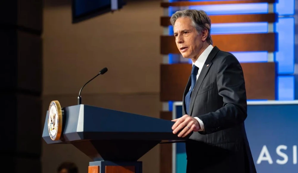 Ngoại trưởng Mỹ Antony Blinken có bài phát biểu quan trọng về chính sách tại ĐH George Washington (Mỹ). Ảnh: BLOOMBERG