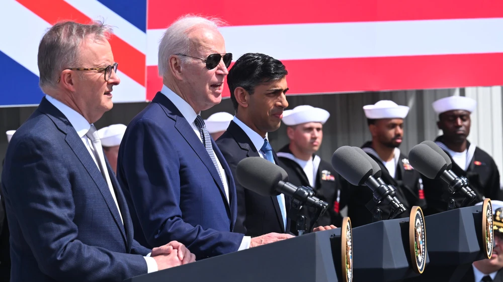 Các lãnh đạo AUKUS họp báo sau Hội nghị Thượng đỉnh AUKUS hồi tháng 3. Ảnh: GETTY IMAGES