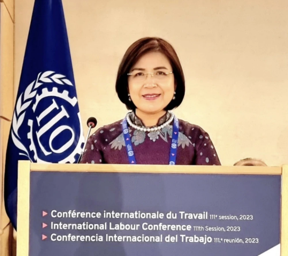 Đại sứ Lê Thị Tuyết Mai, Trưởng Phái đoàn thường trực Việt Nam tại Geneva phát biểu tại Hội nghị Lao động quốc tế lần thứ 111, ngày 7-6. Ảnh: Phái đoàn Việt Nam tại Geneva