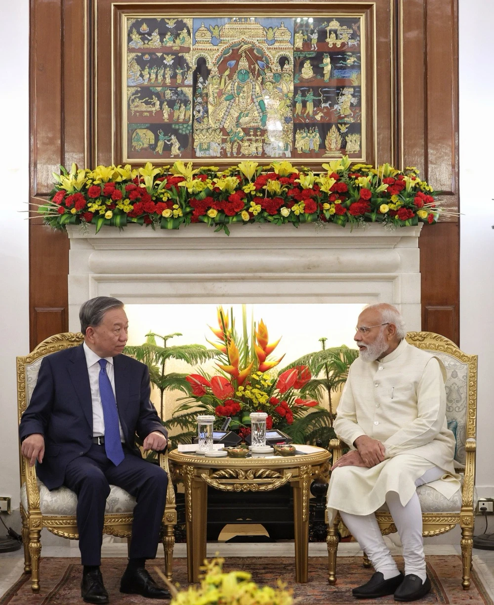 Tổng Bí thư, Chủ tịch nước Tô Lâm (trái) hội đàm cùng Thủ tướng Ấn Độ Narendra Modi. Ảnh: TLSQ Ấn Độ tại TP.HCM