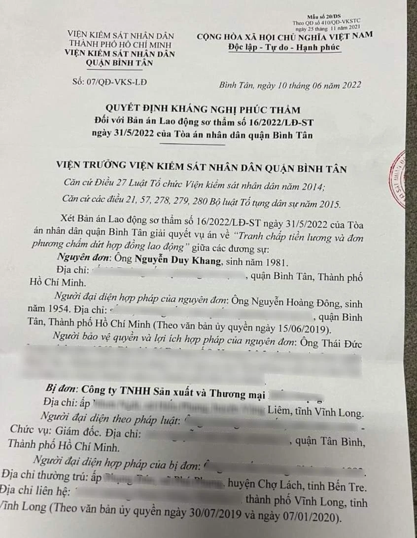 Quyết định kháng nghị bản án của VKSND quận Bình Tân đã chỉ ra nhiều điểm vi phạm về cả tố tụng lẫn nội dung. Ảnh: ĐẶNG LÊ