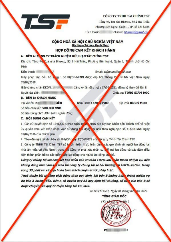 Văn bản giả mạo do các đối tượng mượn hình ảnh, uy tín của Công ty TNHH Tài chính TSF để thu tiền khách hàng. Ảnh: HỮU ĐĂNG