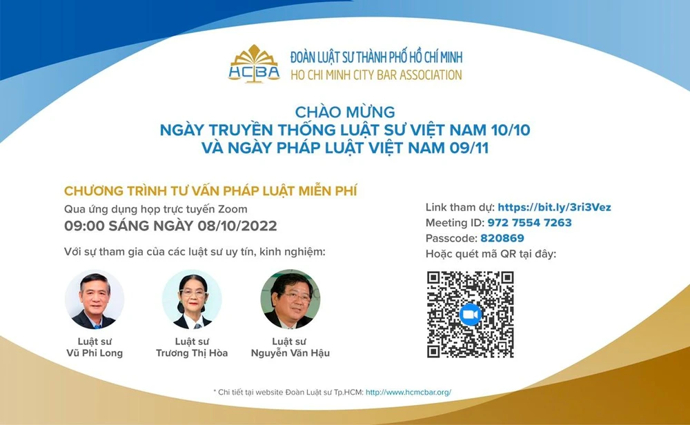 Người dân có thể tham dự chương trình tư vấn pháp luật miễn phí trực tuyến thông qua nền tảng Zoom. Ảnh: HCBA Người dân có thể tham dự chương trình tư vấn pháp luật miễn phí trực tuyến thông qua nền tảng Zoom. Ảnh: HCBA