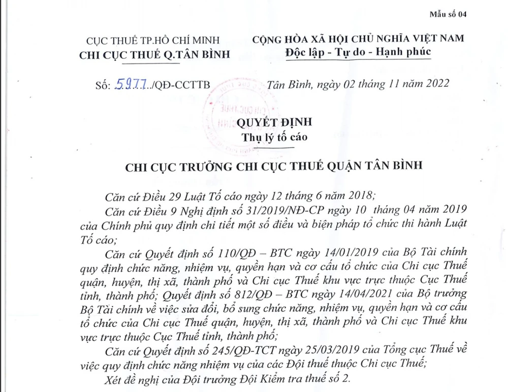 Chi cục thuế quận Tân Bình đã ra quyết định thụ lý đơn tố cáo. Ảnh: HĐ