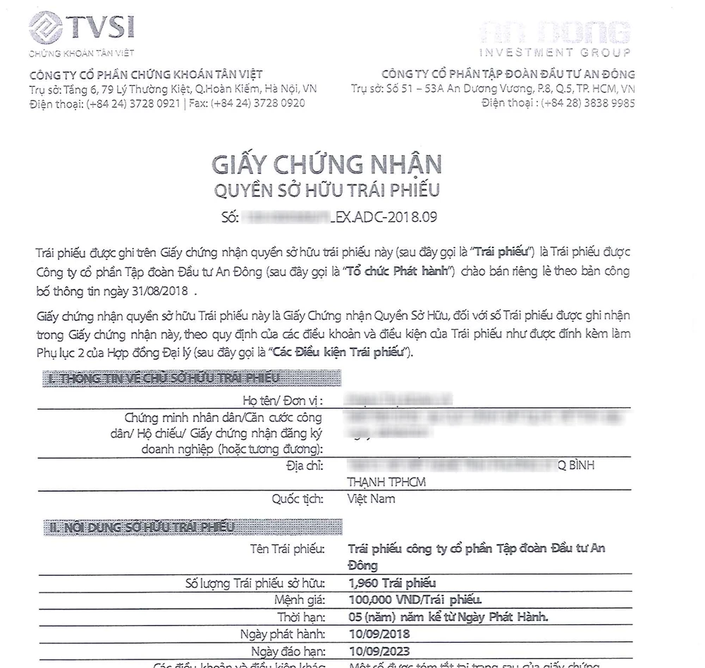 Giấy chứng nhận quyền sở hữu trái phiếu mà bà V được nhận sau khi ký hợp đồng. Ảnh: HĐ