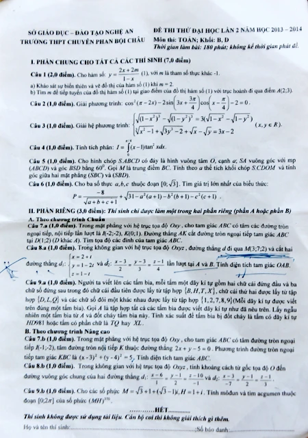 Đề thi thử đại học môn Toán khối B của Trường THPT chuyên Phan Bội Châu (Nghệ An).