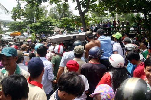 Sau đó chú cá hô được bỏ lên xe taxi đưa đi trong vòng vây của hàng trăm người.