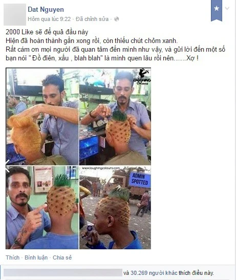 Câu like Facebook, chàng trai Hà Nội phải tạo tóc quả dứa