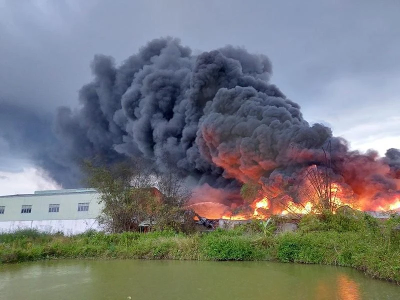 Hiện trường vụ cháy 3 nhà xưởng của một công ty tại ấp 1, xã Đức Hòa Đông, huyện Đức Hòa, tỉnh Long An. Ảnh: CTV