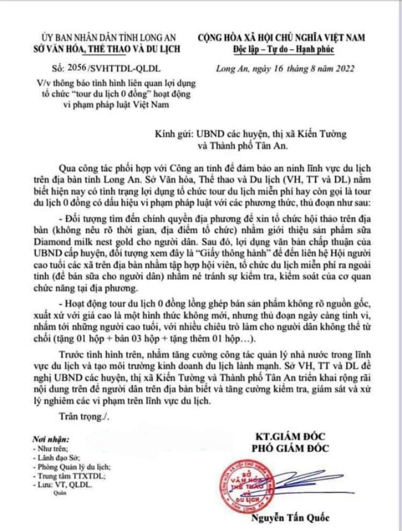 Văn bản cảnh báo của Sở VH, TT&amp;DL Long An