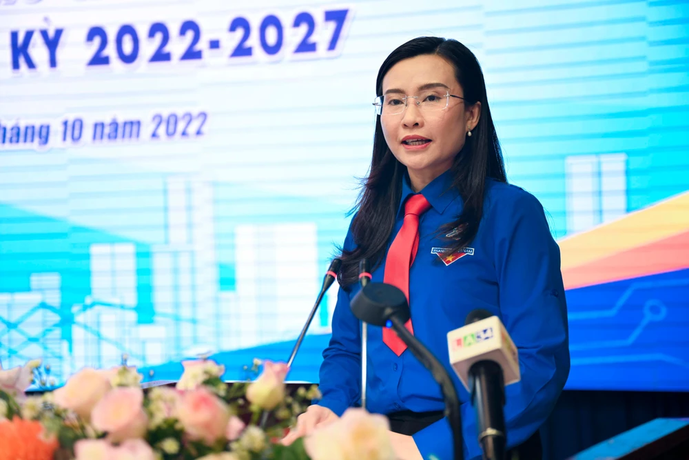 Bà Nguyễn Phạm Duy Trang, Bí thư Trung ương Đoàn, Chủ tịch Hội đồng Đội Trung ương phát biểu tại Đại hội. Ảnh: HUỲNH DU