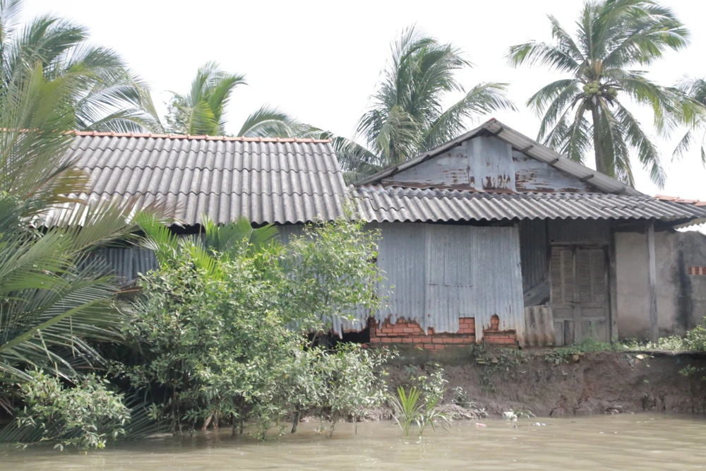 Nhiều căn nhà cặp theo sông Cần Giuộc có nguy cơ sạt lở cao. Ảnh: HD