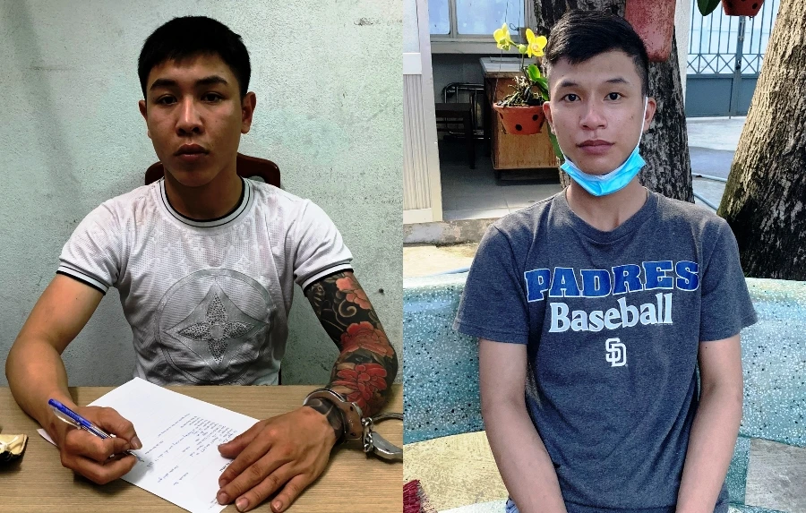 Hai nghi phạm tại cơ quan công an. Ảnh: HẢI HIẾU