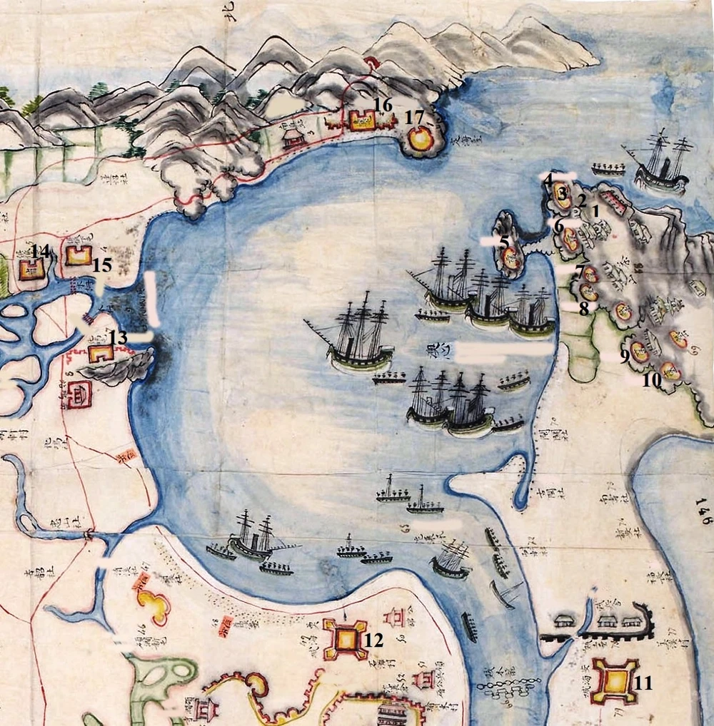 Thạc sĩ Nguyễn Quang Trung Tiến cung cấp trích đoạn vị trí các công trình phòng thủ vành đai vịnh Đà Nẵng trên bản đồ triều Tự Đức bị quân Pháp tịch thu tại lỵ sở quân thứ Quảng Nam ngày 15/9/1859. Trong đó, vị trí số 16 là Đồn Chơn Sảng. Nguồn: Musée des Archives nationales, Paris. Thạc sĩ Nguyễn Quang Trung Tiến cung cấp trích đoạn vị trí các công trình phòng thủ vành đai vịnh Đà Nẵng trên bản đồ triều Tự Đức bị quân Pháp tịch thu tại lỵ sở quân thứ Quảng Nam ngày 15/9/1859. Trong đó, vị trí số 16 là Đồn Chơn Sảng. Nguồn: Musée des Archives nationales, Paris.