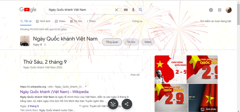 Khi nhấn vào biểu tượng chim Lạc, giao diện của Google sẽ giới thiệu tổng quan về ngày Quốc Khánh Việt Nam, đại diện là hình ảnh Chủ tịch Hồ Chí Minh đọc bản Tuyên ngôn độc lập tại Quảng trường Ba Đình (Ảnh chụp màn hình).