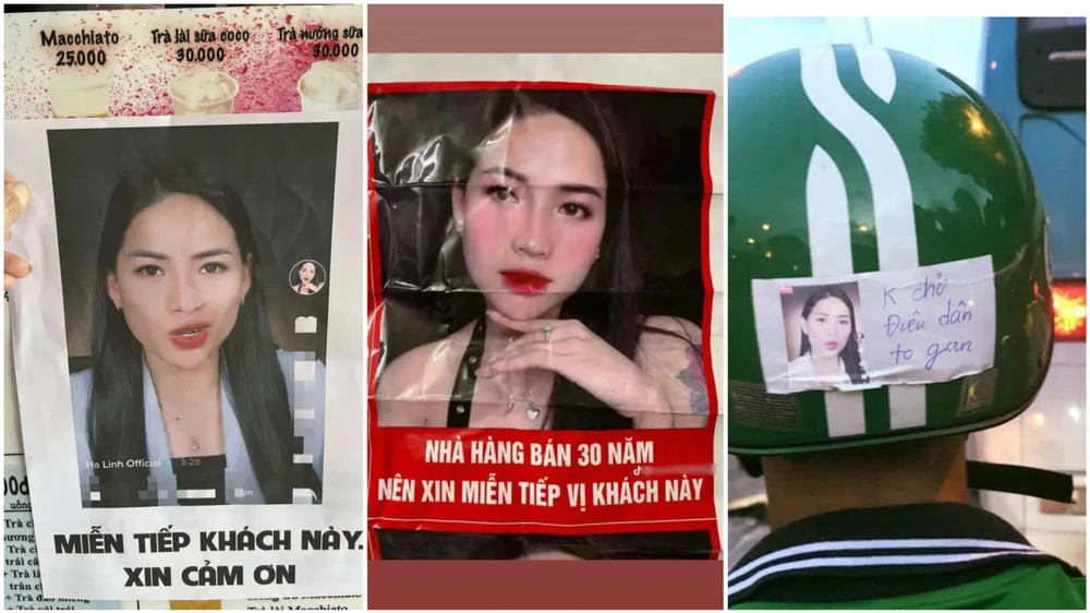Quán ăn liên tục dán hình ảnh của "chiến thần review" Hà Linh, tài xế xe công nghệ cũng dán hình không chở. Ảnh: TL