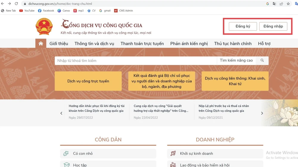 Đăng nhập/đăng ký tài khoản Cổng dịch vụ công quốc gia
