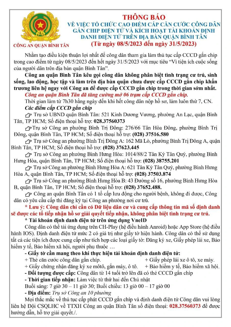 Công an quận Bình Tân ra thông báo về việc tổ chức địa điểm cấp CCCD. Ảnh: Công an quận Bình Tân.