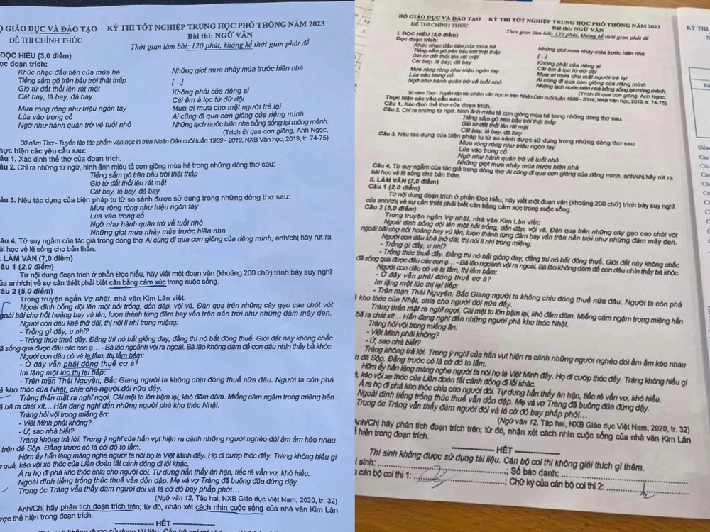 Đề môn Ngữ văn của Bộ GD&amp;ĐT (trái) và đề lan truyền trên mạng (bên phải). Ảnh: TL