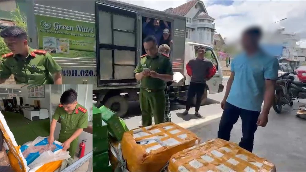 Cũng trong sáng 30-6, Công an TP Đà Lạt phát hiện trong kho của Công ty Thực phẩm Việt Hà Tây Nguyên và Công ty Khủng Long Sữa (cùng có địa chỉ 46 Đinh Công Tráng, phường 7, TP Đà Lạt) chứa gần 1 tấn vú heo, dồi trường không rõ nguồn gốc. Ảnh: MINH HẬU