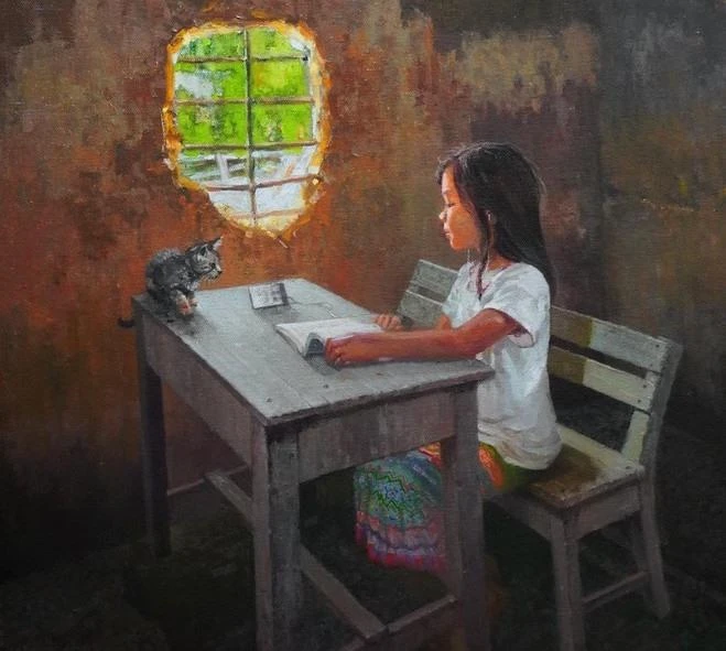 Tác phẩm "Em vẫn tìm con chữ" của Đỗ Quyên Hoa. Ảnh: Ban tổ chức