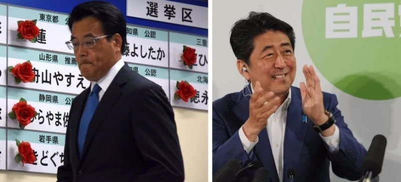 Thủ tướng Shinzo Abe (phải) và Lãnh đạo đảng DJP Katsuya Okada thể hiện sự vui mừng và thất vọng sau kết quả bầu cử Thượng viện. 