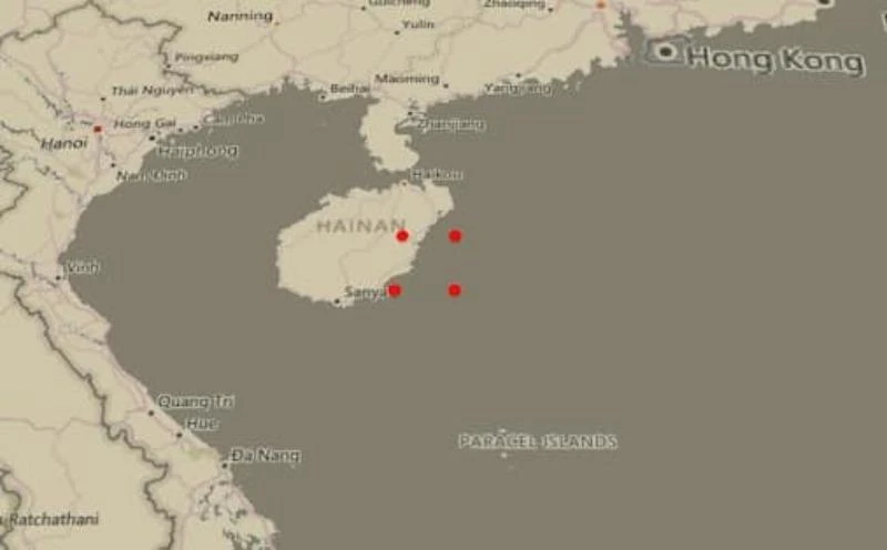 Địa điểm Trung Quốc sẽ tập trận (chấm đỏ) trên biển Đông. 