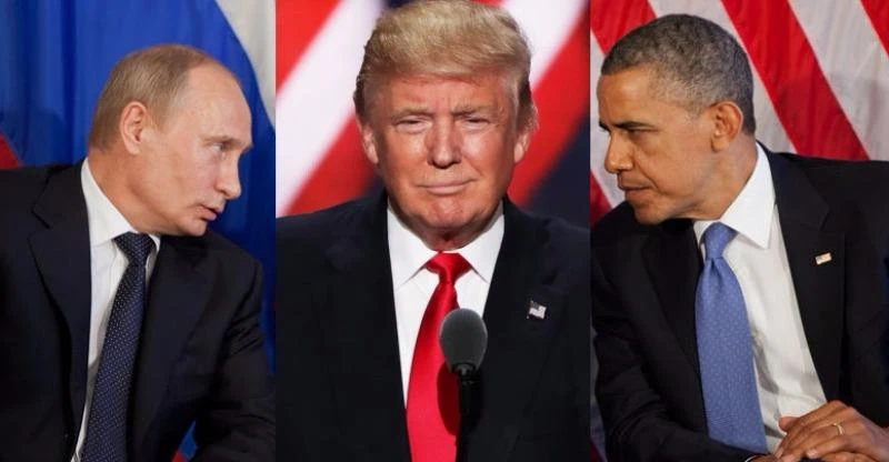 Ông Trump (giữa) khen ông Putin (trái) lãnh đạo đất nước tốt hơn ông Obama. 