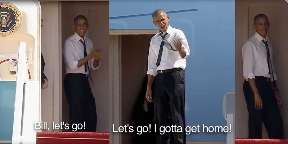 Tổng thống Obama đứng trên cầu thang nôn nóng gọi cựu Tổng thống Clinton lên chuyên cơ về Mỹ.